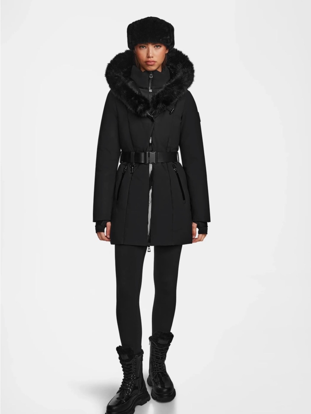 RUDSAK Black Fur-Trim Hooded Belted Ski Jacket